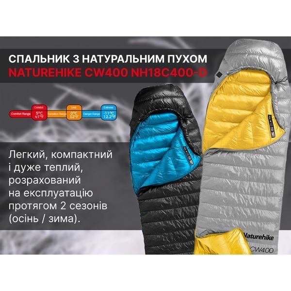 Спальник з натуральним пухом Naturehike CW400 NH18C400-D; p-р L; жовто-сірий 67636 фото