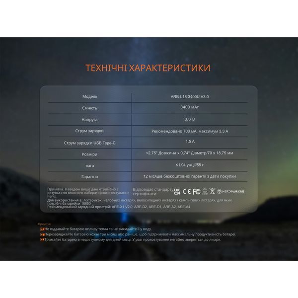Акумулятор 18650 Fenix (3400 mAh) Type-C V3.0 68117 фото