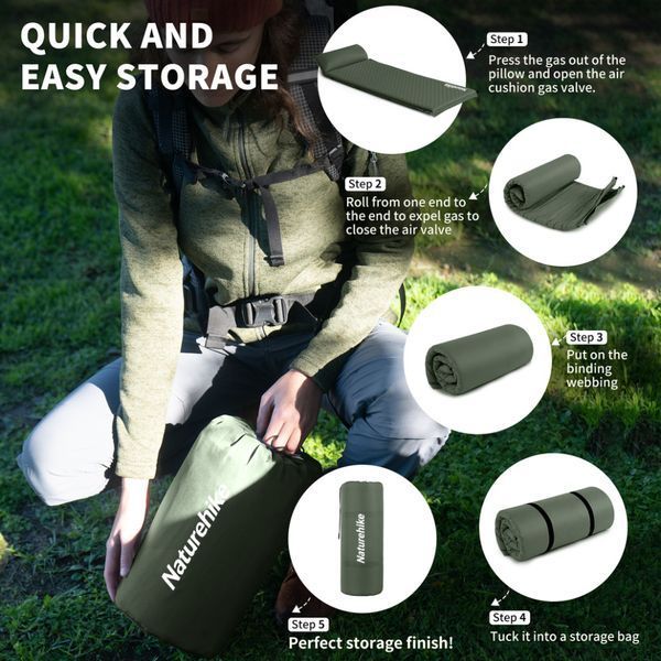 Матрац з подушкою ортопедичний одномісний Naturehike CNK2450WS020, самонадувний, 200х63х10 см, темно-зелений 68983 фото