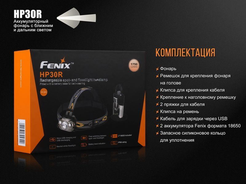 Ліхтар налобний Fenix HP30R сiрий 45231 фото
