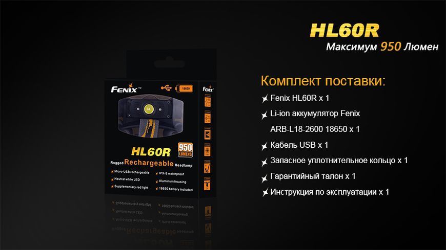 Ліхтар налобний Fenix HL60R DY Cree XM-L2 U2 Neutral White LED 44435 фото